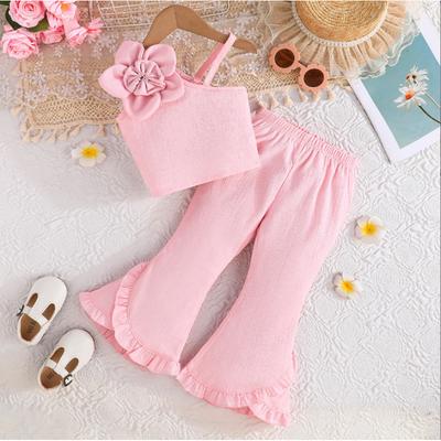 Summer New Style Asymmetrical Shoulder Strap Floral Top + Solid Color Lace Flared Pants Two-Piece Set Children's Clothing
