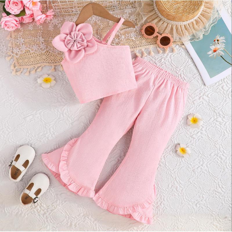 

Summer New Style Asymmetrical Shoulder Strap Floral Top + Solid Color Lace Flared Pants Two-Piece Set children s clothing 8Y рожевий