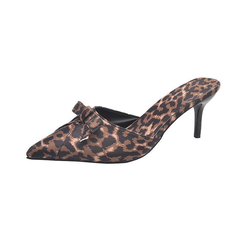 Large size women's shoes leopard print bag head half slippers women's summer wear bow tip stiletto high heels
