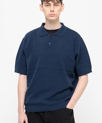 CHAMBROS Oversized Collared Short Sleeve Knit [Navy Solid]