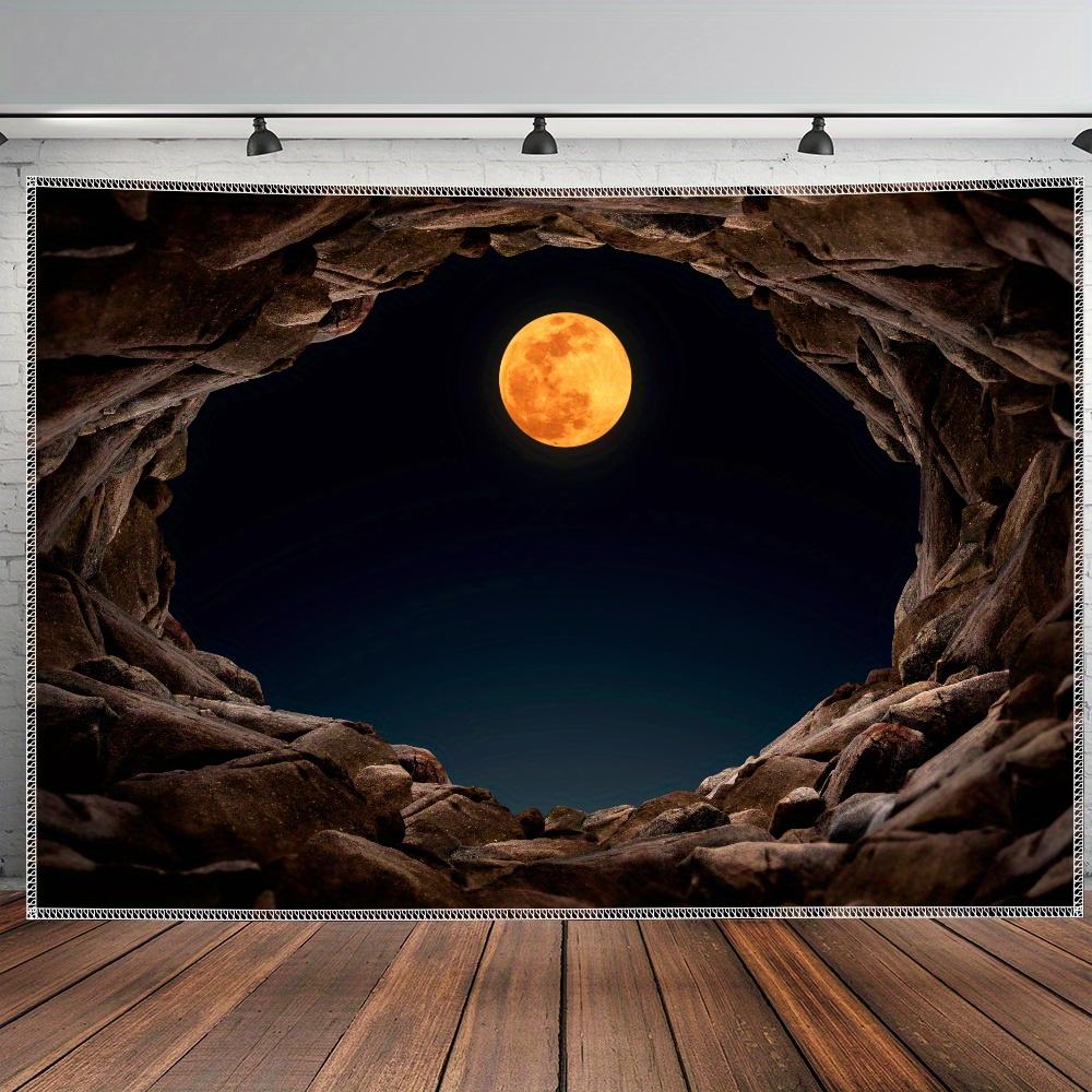 Ultra Large Abstract Moon Cave Landscape Tapestry, Polyester Wall Art With Hand Stitched Edges For Modern Home Office Decor