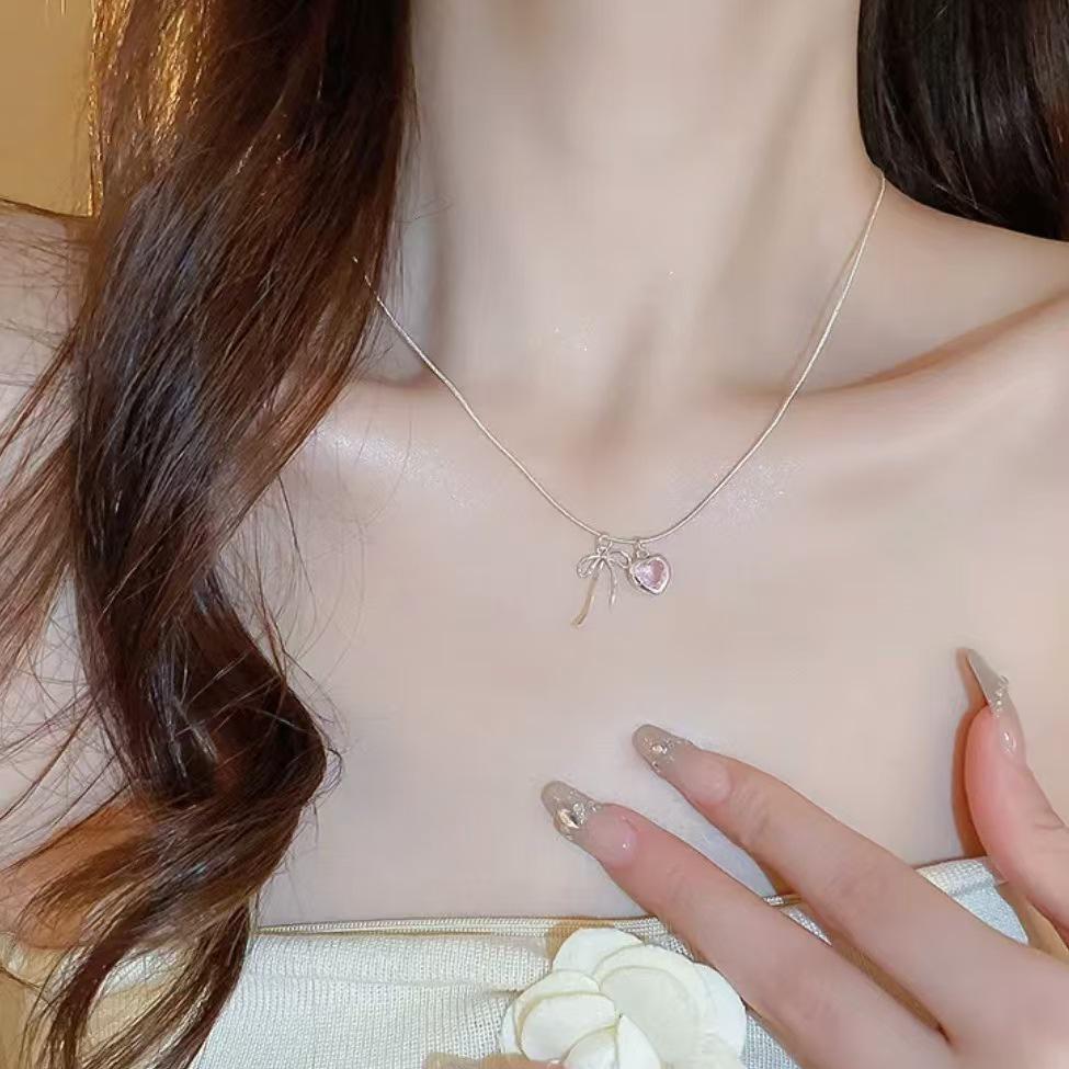 S925 Sterling Silver Heart Bow Necklace for Women - Luxury 2024 Pink Diamond Clavicle Pendant