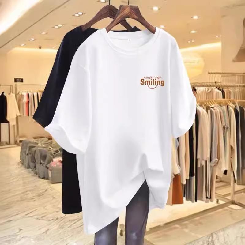

White cotton short-sleeved T-shirt women s summer 2025 new loose medium and long butt-covering printed top T-shirt S