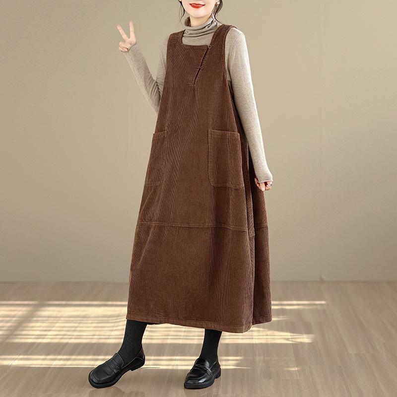 2025 Winter Women's Long Loose Fit Washed Cotton Corduroy Skirt with Square Neck and Slit, Stylish and Slimming Design