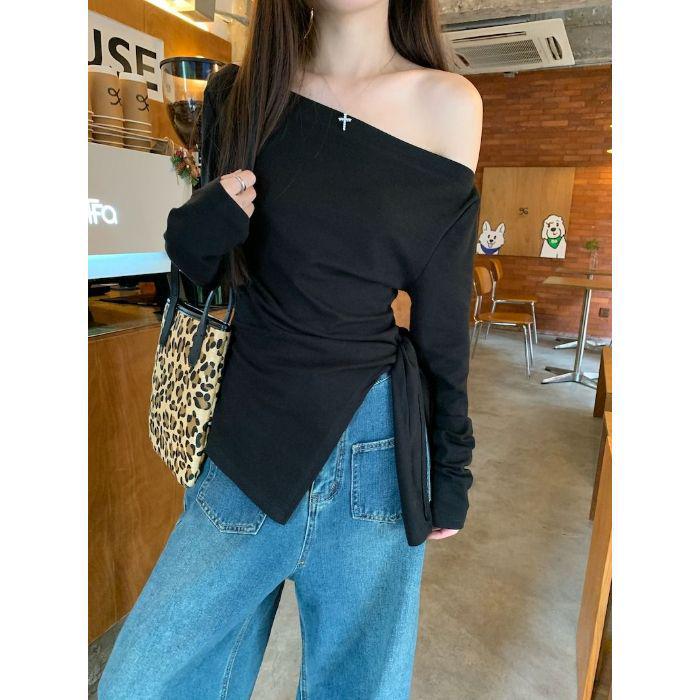 Women s Elegant Off-Shoulder Long-Sleeve Top with Side Tie & Waist-Cinching Design L чёрный