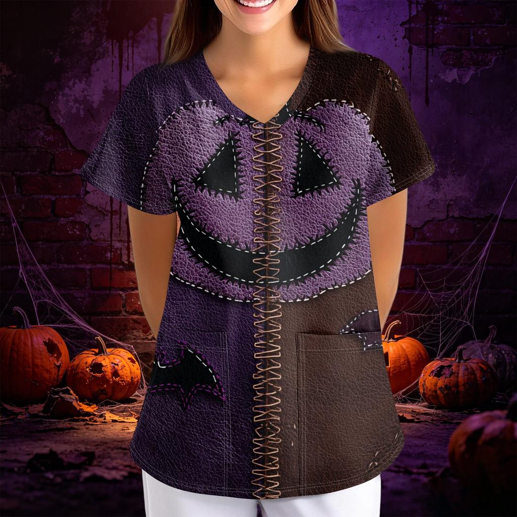 Women Halloween Print Loose Fit V Neck Short Sleeve Top with Pocket Comfortable Fabric for Work or Casual Wear