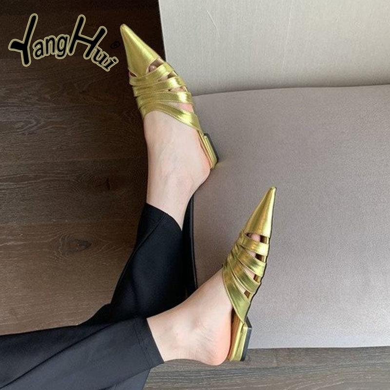 

Модные современные тапочки с острым носком, на плоской подошве, с противоскользящим покрытием для женщин 2024 года, модные однотонные серебристые сандалии, лето 39 золотой