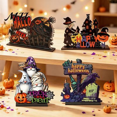 Creative Halloween Desktop Sculptures Wooden Table Centerpiece, Decorative Sign Ornaments, 3D Layered Gnome Pumpkin Skeleton Spooky Home