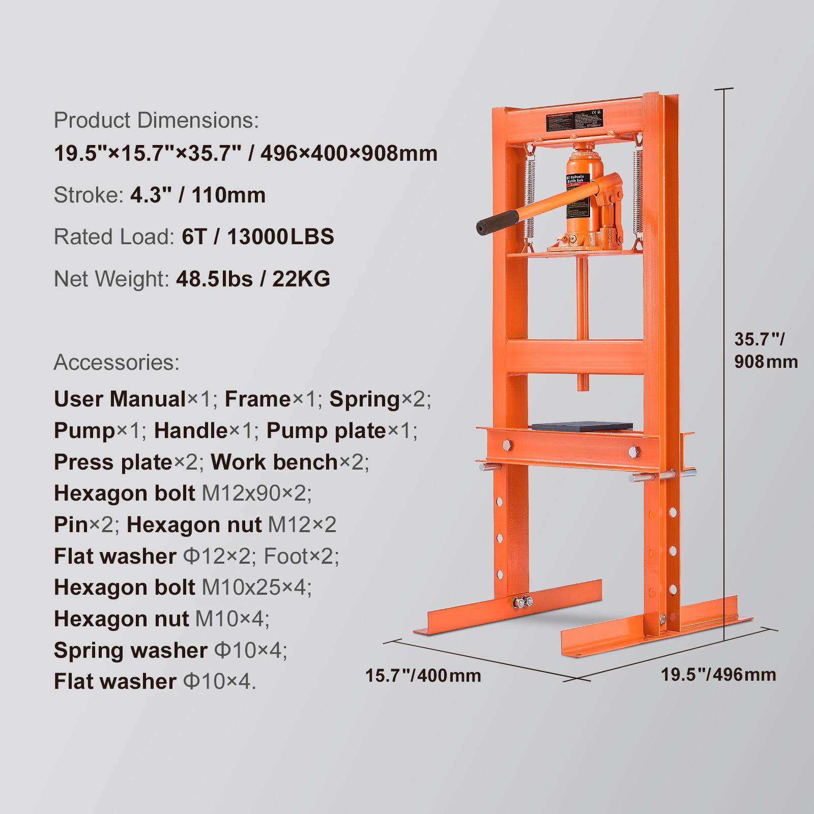 SucceBuy Hydraulic Shop Press 6T H-Frame Hydraulic Garage/Shop Floor Press Shop Press with Press Plates for Garage Shop Workshop