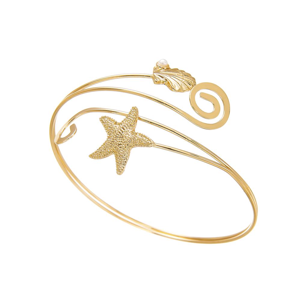 Boho Imitation Pearl Shell Upper Arm Cuff Bracelet for Women Music Note Spiral Starfish Open Bangle Beach Party Jewelry Gift