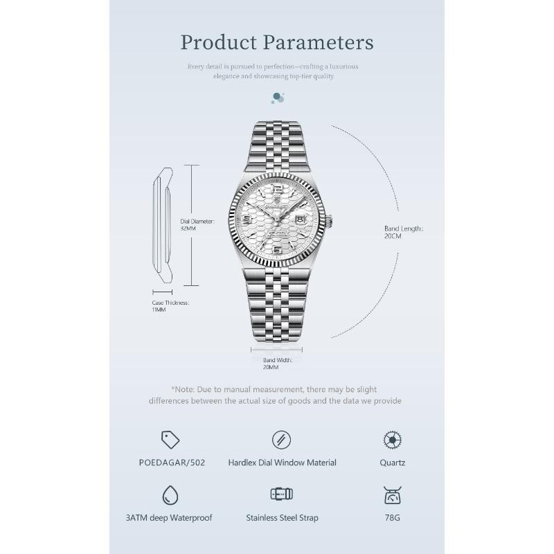 POEDAGAR Modemarke Damenarmbanduhr Edelstahl Datumsuhren Leuchtend Wasserdicht Quarz Luxus Damenuhr