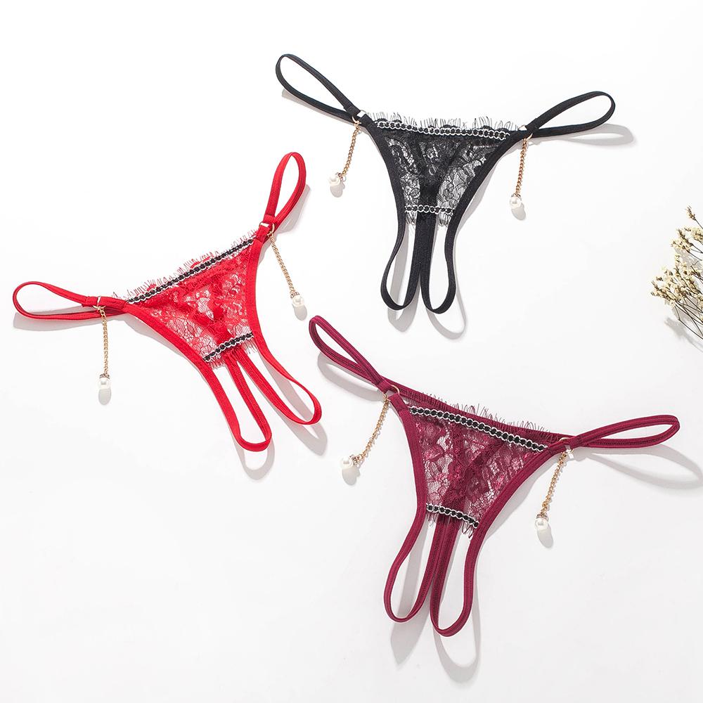 Perlový přívěsek Otevřená tanga Ženy Spodní prádlo Bezrozkrokové výšivky G String Tanga kalhotky Krajka Transparentní Sexy spodní prádlo