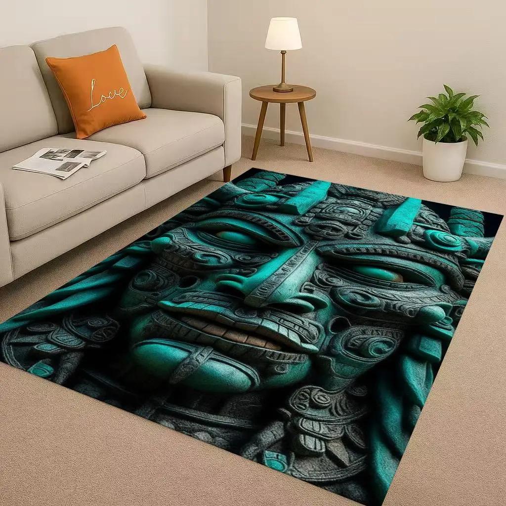 Retro Aztec Totem Maya Mask Sun God Living Room Non-Slip Area Rug Soft Carpet For Bedroom Sofa , Easy Clean Home Doormat Playmat