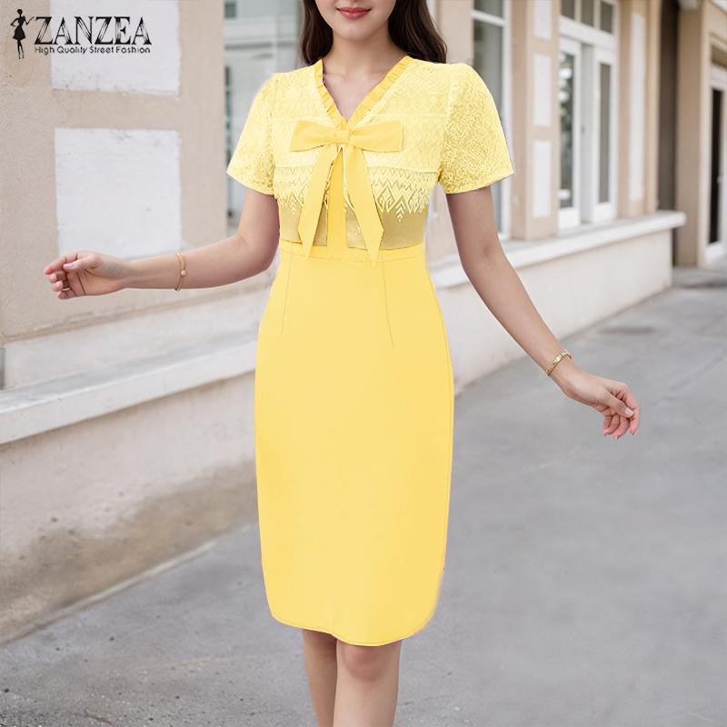 ZANZEA Women Print Patchwork V-Neck Summer Casual Short Sleeve Dress