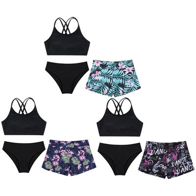3Pcs Kids Girls Swimwear Sleeveless Strappy Back Crop Top with Printed Shorts and Briefs Set for Beach Pool Swimming
