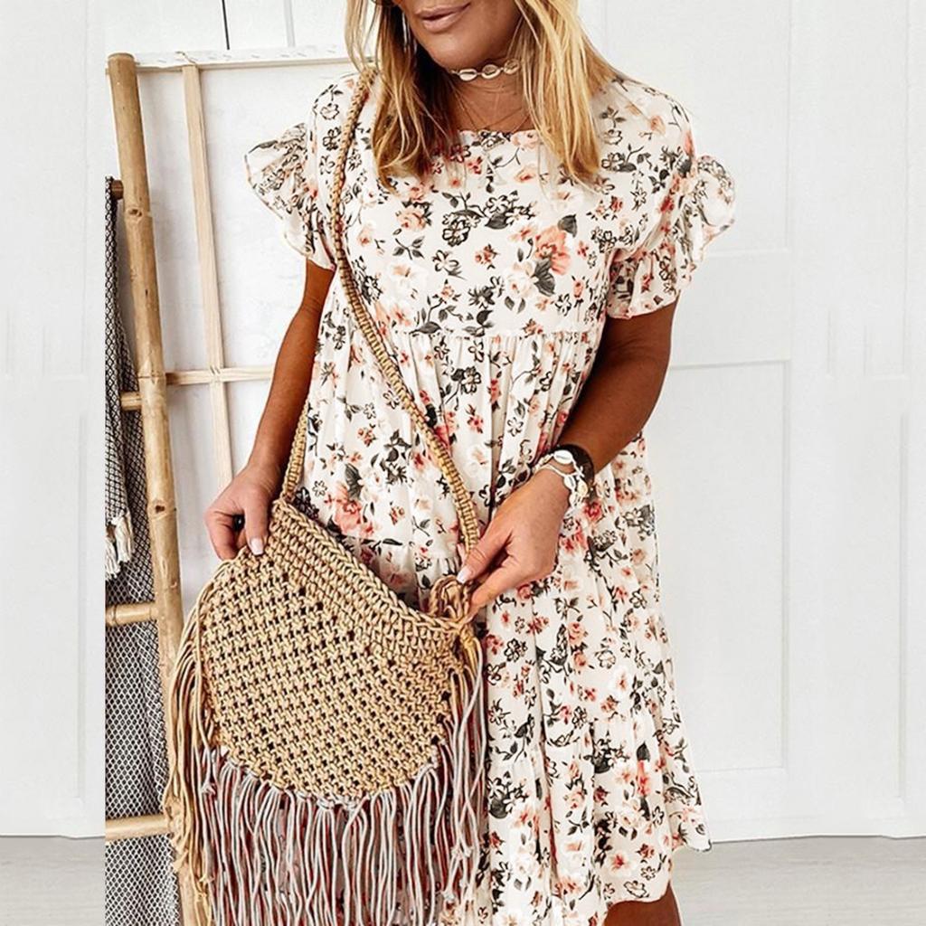 Women's Casual Loose Flowers Print All-match Short Sleeve Dress