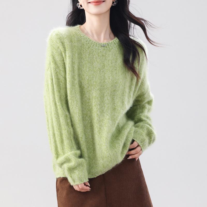 Women's 5% Cashmere, 95% Wool Ribbed Sweater - Thick, Brushed, Long Sleeve, Versatile Round Neck for Autumn and Winter.