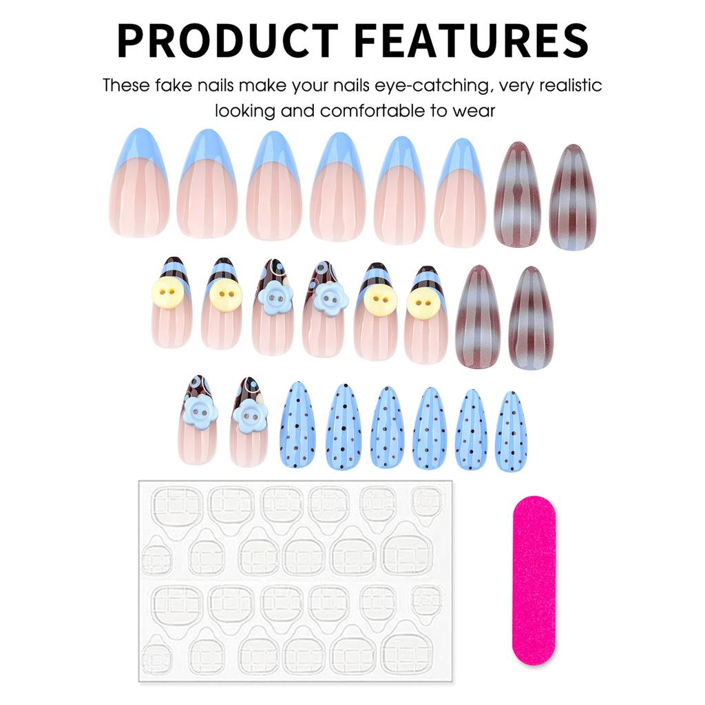 24Pcs French Almond Press On Nails 3D Button Polka Dot Flower Design Blue Brown Fake Nails Creative False Nail Tips