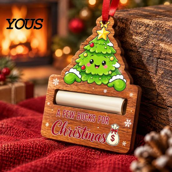 Holiday Decorative Money Holder Christmas Cash Holder, Creative Wooden Hanging Ornament with Red Lanyard, Tree Decor Vivid Printing for Party