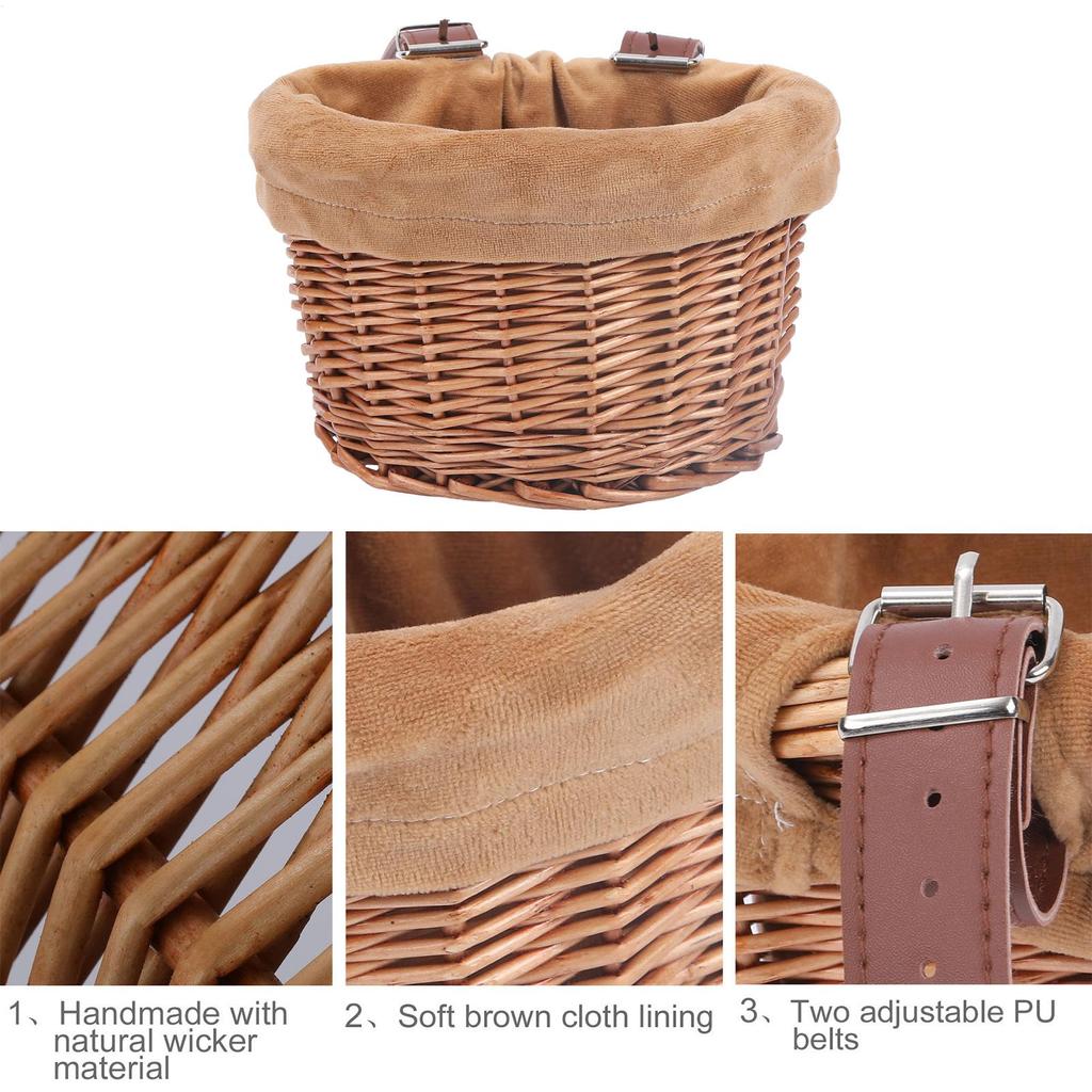 Kids Bike Basket Bicycle Wicker D-shaped Child Front Basket With 2 adjustable Leather Strap waterproof For Cycling Accessory