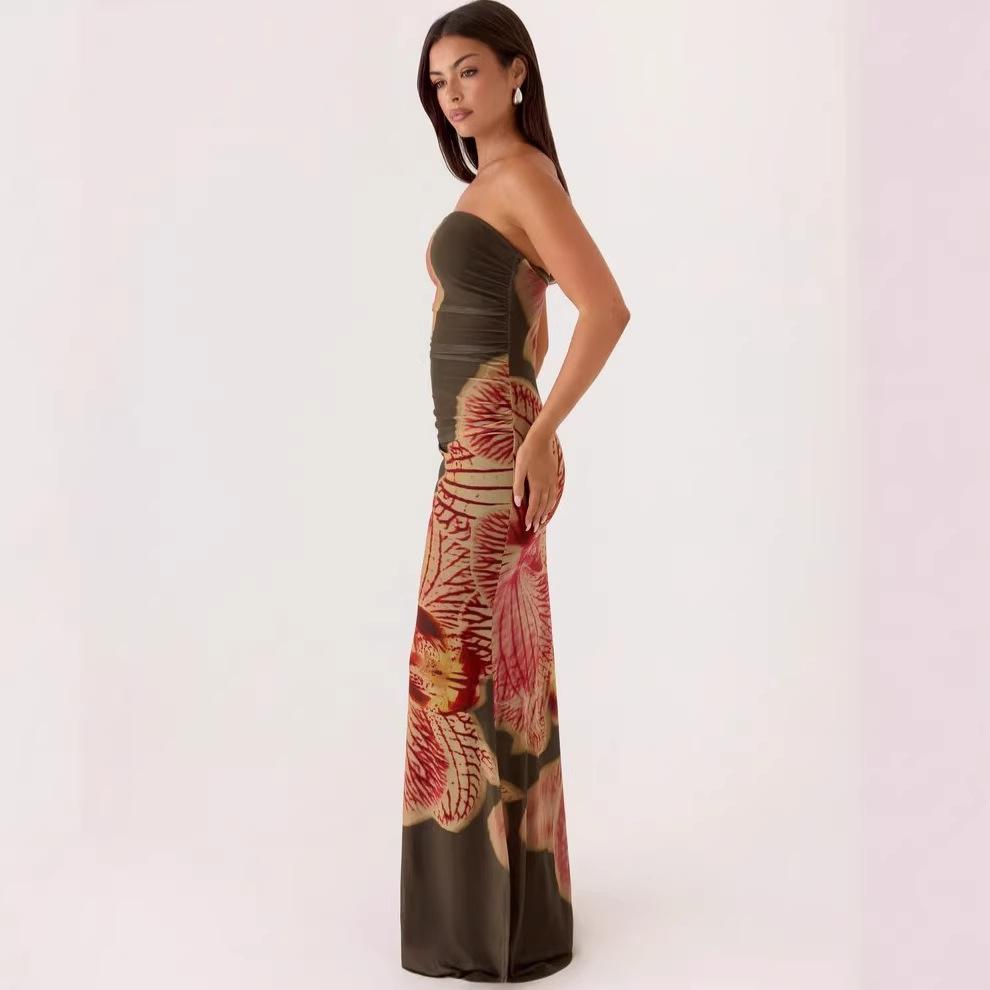 1011 summer new European and American printed tube top printed long dress pleated mesh dress
