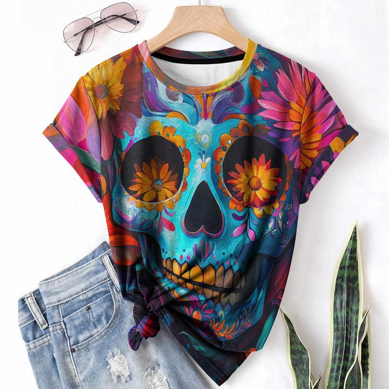 

Женская футболка с принтом скелета, повседневная спортивная, летняя, с круглым вырезом, с коротким рукавом, модная, легкая женская футболка 6XL