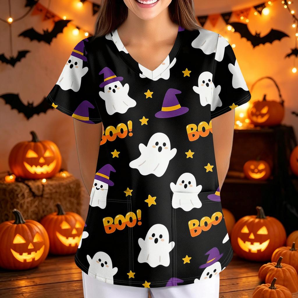Women Halloween Printed V Neck Loose Fit Short Sleeve Scrub Top with Pockets Soft Fabric Comfortable Shirt