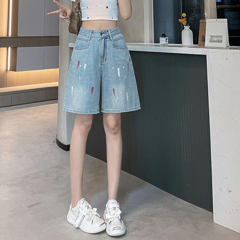 

Джинсовые шорты прямого кроя с масляной графикой для женщин на лето, новый дизайн с завышенной талией и эффектом похудения, свободные широкие штанины, длина до колена XXL