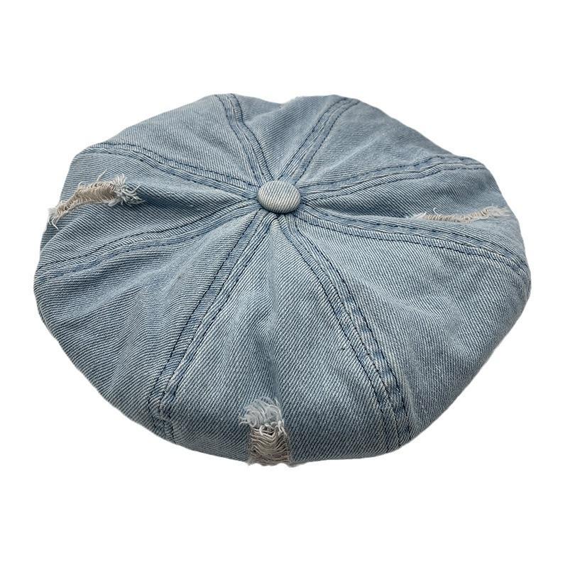 Denim Ripped Beret Women's Spring and Summer New Versatile Cloud Hat Retro Washing and Old Face Showing Small Star Anise Hat