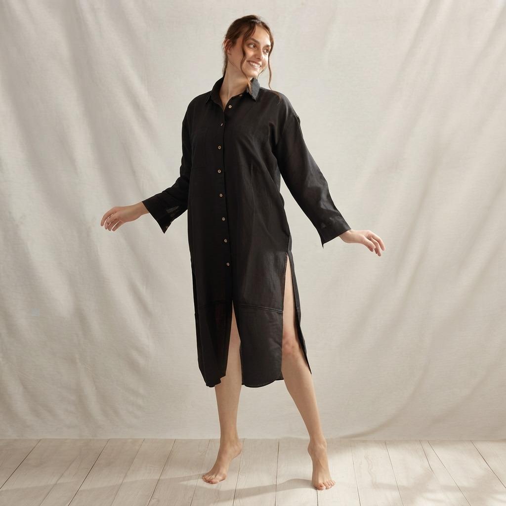 Linen Pleated Shirt Dress Women Casual Long Dress Turn Down Collar