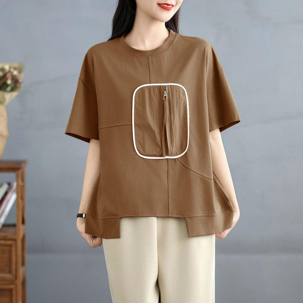 DIMANAF 2025 Summer Plus Size T-Shirt Asymmetrical Women Short Sleeve O-Neck Short Loose Solid Tops Tees