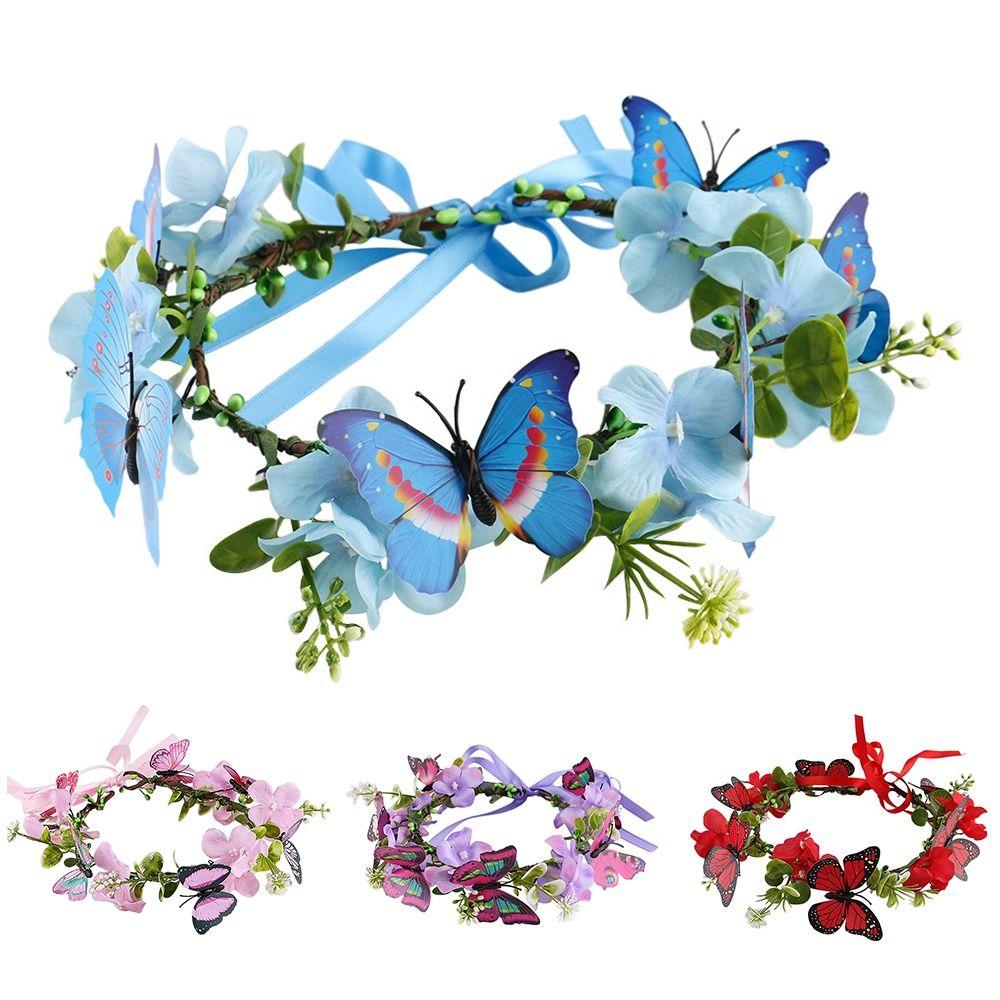 

Delicate Butterfly Floral Wreath Blue Bridal Wedding Hair Accessories Flower Crown for Women Girls