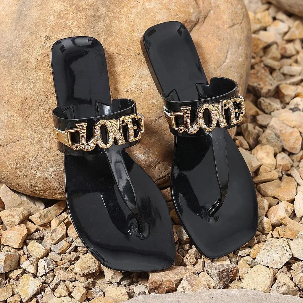 Fashion Fashionable Metal Flat Heel Sandals Women's Outdoor Summer Shoes Large Size Letter Combination British Style PVC Material
