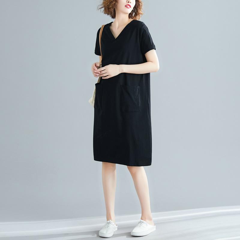 Women s V-Neck Short Sleeve Midi Dress Loose Fit Solid Color Casual T-Shirt Dress M