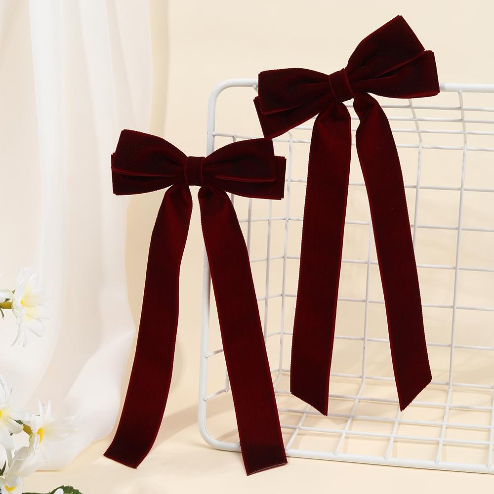 2pcs Burgundy Deep Red Hair Clips Long Tail Velvet-Like Hairpins For Girls Curly Straight Party Daily Headwear Hair Accessories