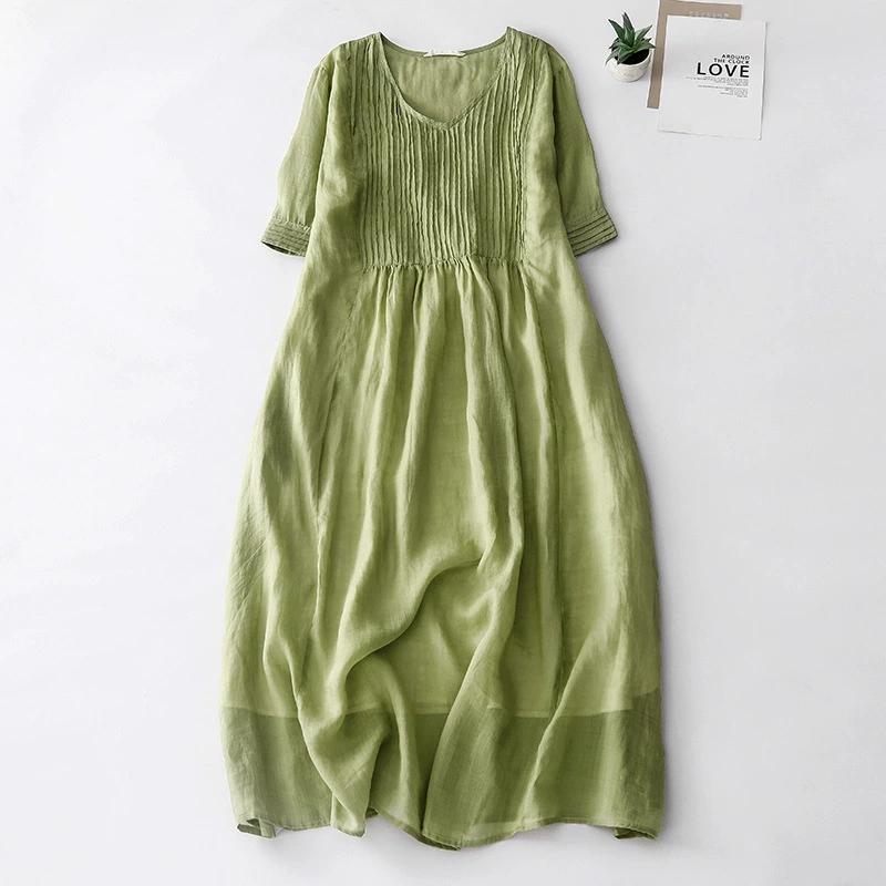 Women's Solid Cotton Linen Long Dresses A Line V Neck Pleated Short Sleeve Maxi Dresses With Pocket Summer