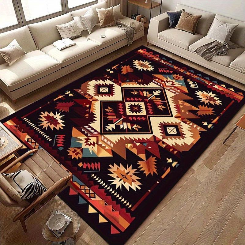 Alfombra Estampada Estilo Bohemio Rojo Retro Felpudo de Cocina Decoración Alfombra Vibrante para Sala de Estar Alfombra para Mesa de Café Antideslizante Lavable a Máquina