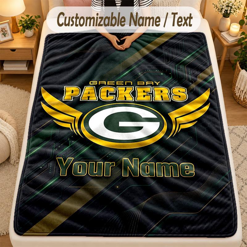 Flannel BlanketGreen Bay Packers Custom Name Text Personalized Soft Warm Throw Blanket Home Decor Gift