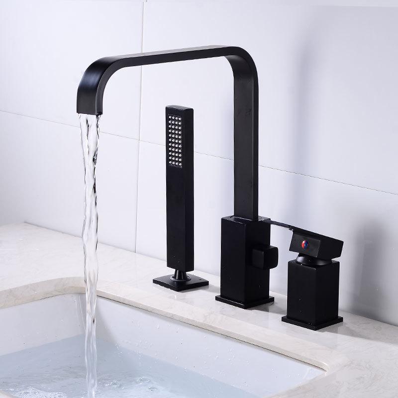 Bathroom Basin Faucet with Shower Head Black Widespread Waterfall Faucet Luxury Basin Mixer Hot And Cold Shower Room Sink Faucet