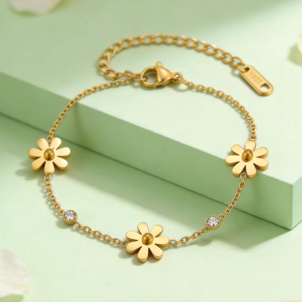 Stainless Steel Daisy Bracelet for Women Elegant Floral Zircon Bracelets Link Chain Daily Party Jewelry Gift