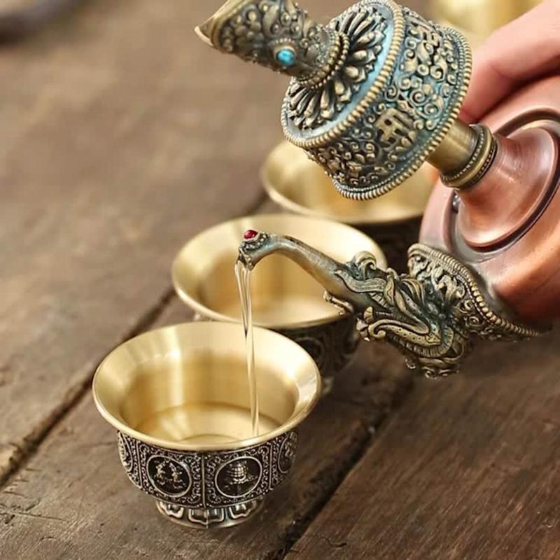 Cultural Tibetan Eight Auspicious Symbols Offering Cup Holy Water Bowl for Devotional Use Spiritual Home Decoration