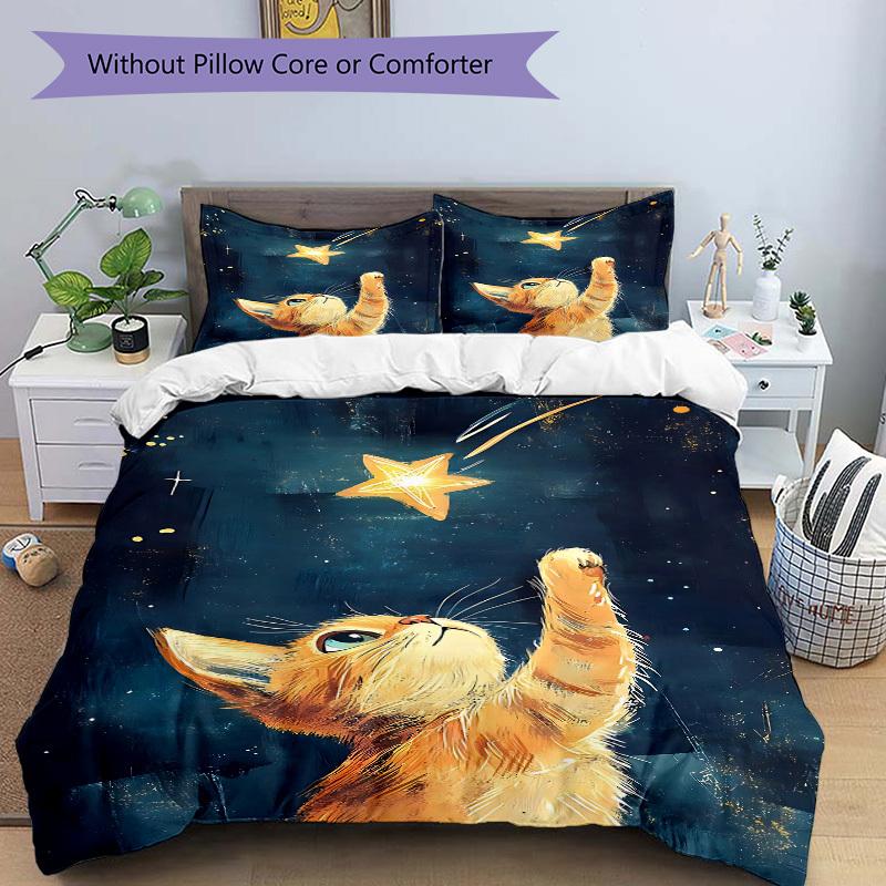 3Pcs Celestial Kitty Printed Bedding Set, Breathable And Soft,(Includes 1 Duvet Cover And 2 Pillowcases, Quilt Not Included) yy250815190
