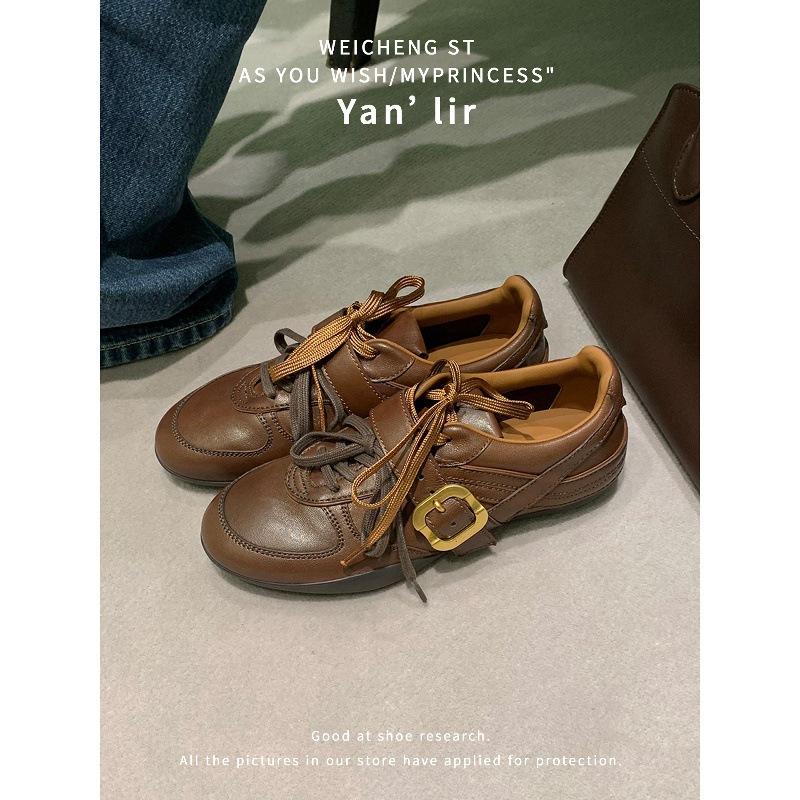 Cowhide Version~ Niche Retro Belt Buckle Leather Training Shoes Women's Versatile Flat Baseplate Shoes Lace-up Casual Sports Shoes