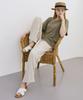 BASIC HOUSE Women'S Flowy Ribbed Spandex Elastic Waist String Wide Pants Light Beige