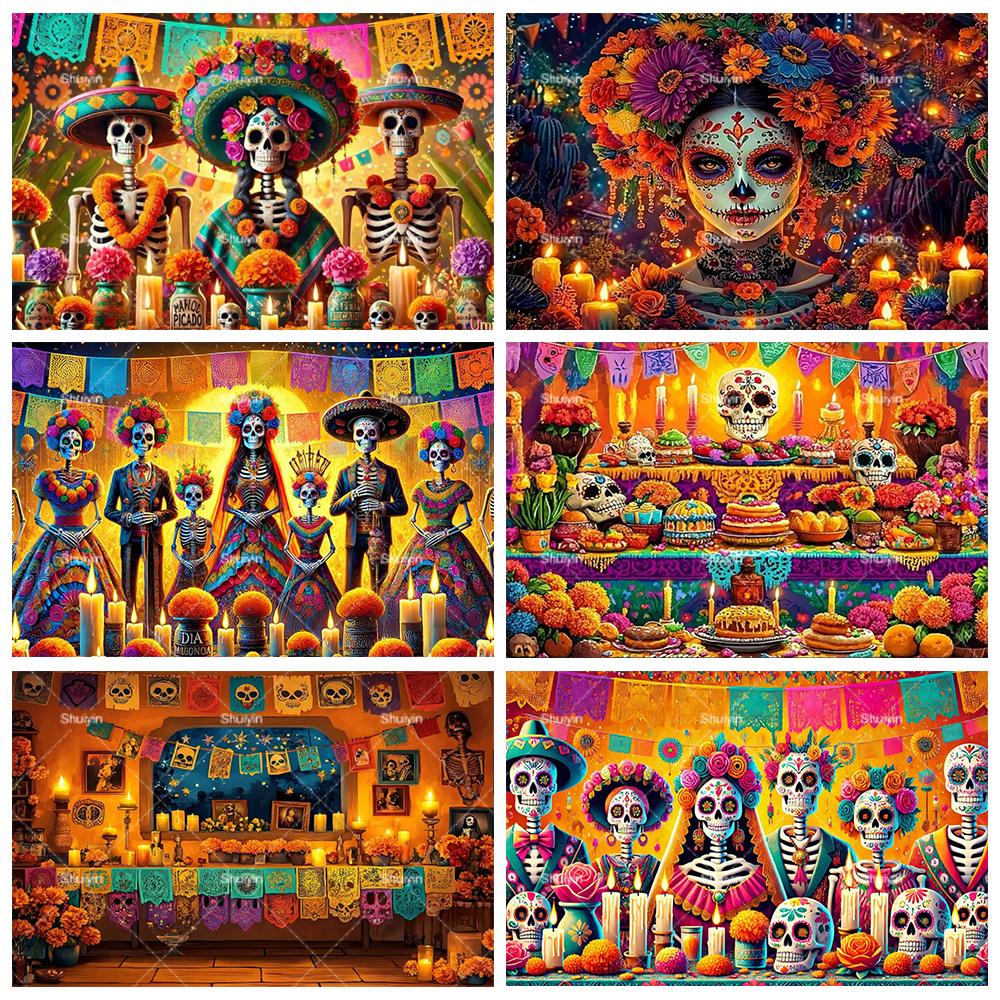 Tło Fotograficzne Dzień Zmarłych Czaszka Nagietek Meksykańska Fiesta Día De Los Muertos Dekoracja Artykuły Imprezowe Akcesoria do Studio Fotograficznego