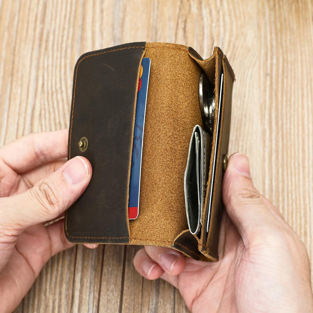 Vintage Crazy Horse Top Grain Leather Credit Card Holder Wallet Mens Slim ID VIP Cards Bags Small Change Coins Purses