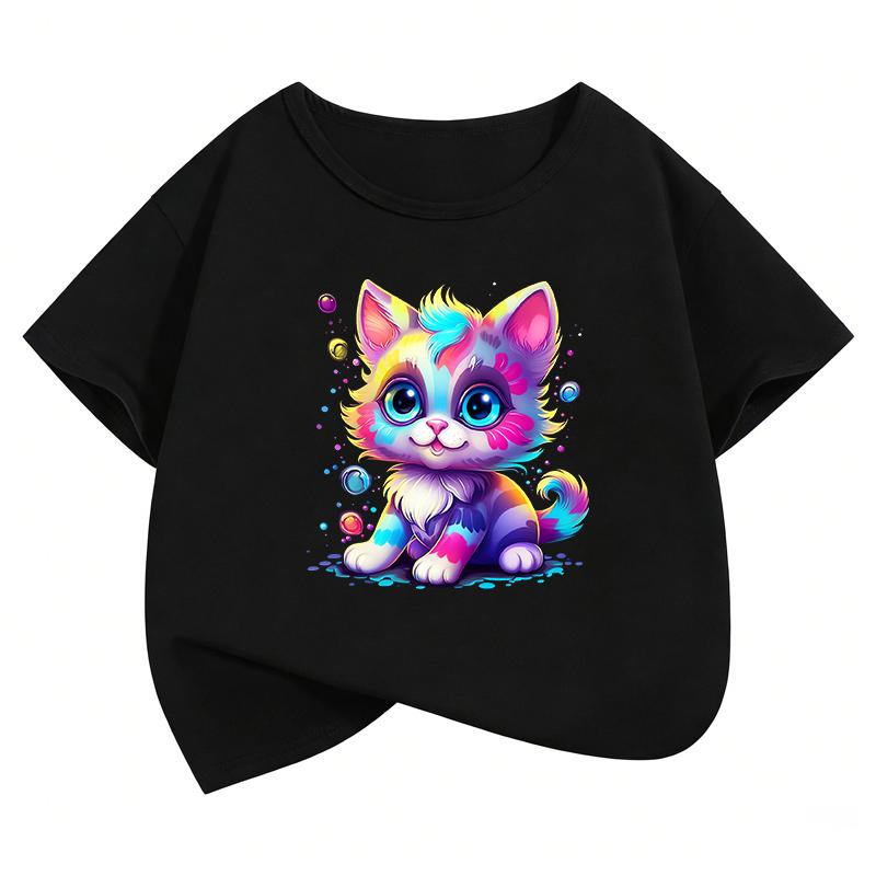 Funny Colorful Cat Design TShirt Printed T Shirt Girls Summer Clothes Short Sleeve Tops TShirts Cute Cat Girls Clothing