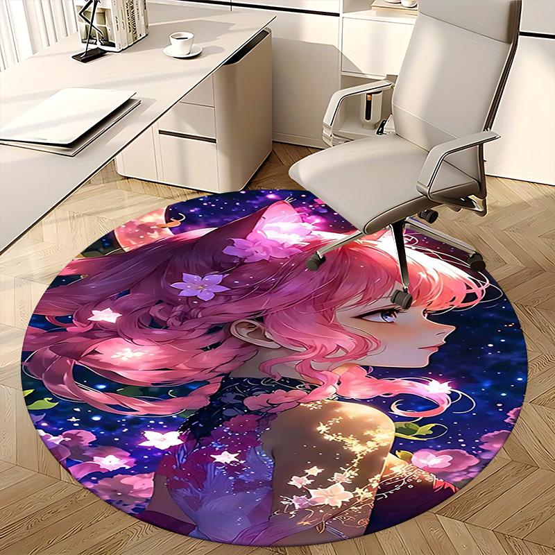 1pc Anime Design Round Carpet Office Chair Mat with Floral Prints, Non Slip Rug for Home Decor, All Seasons