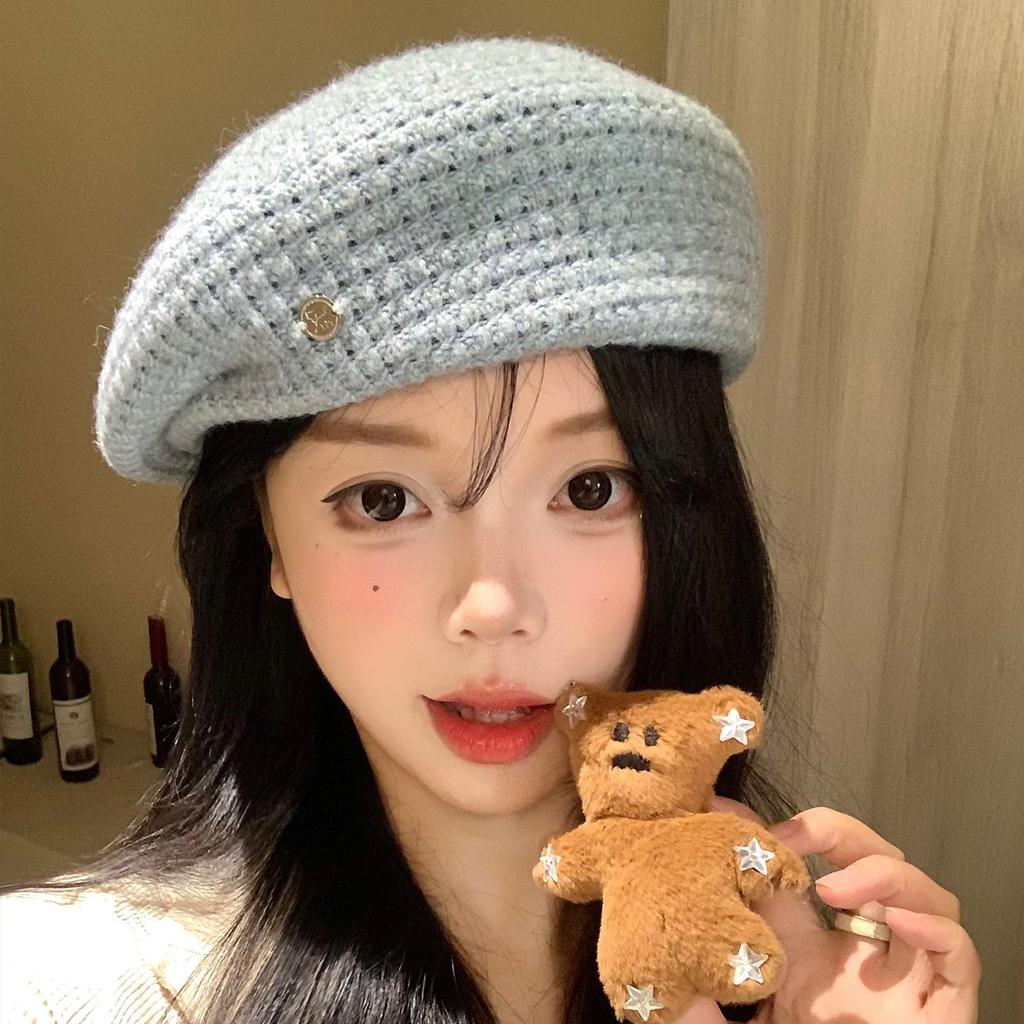 Blue Knitted Hollow Beret Women's Korean Edition Versatile Face Show Small Bud Hat Head Circumstance Painter