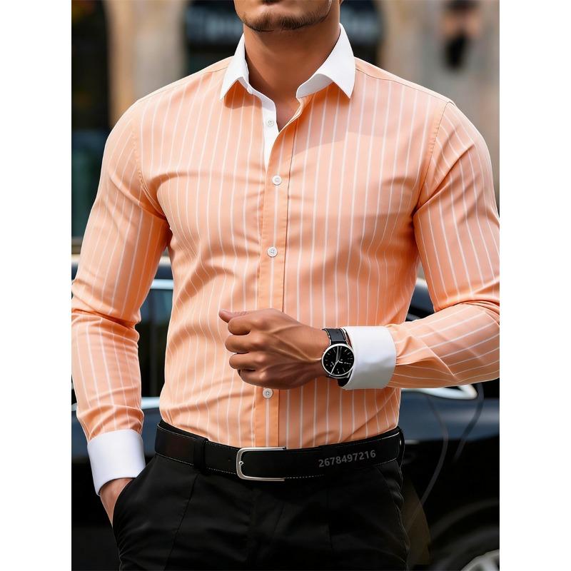 Męska koszula w paski z długim rękawem w stylu business casual, stylowy design z kołnierzem i kontrastowymi wstawkami, męska koszulka casual.